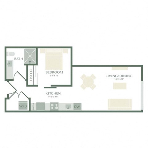 Floor plan for 1 bed, 1 bath, 605 sqft